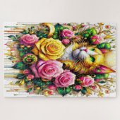 Feline temidden van een levendige bloemenbloei legpuzzel (Horizontaal)