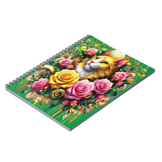 Feline temidden van een levendige bloemenbloei notitieboek (Linkerzijde)