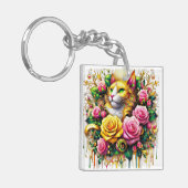 Feline temidden van een levendige bloemenbloei sleutelhanger (Voorkant Links)