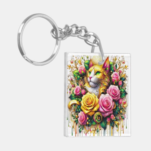 Feline temidden van een levendige bloemenbloei sleutelhanger (Voorkant Links)