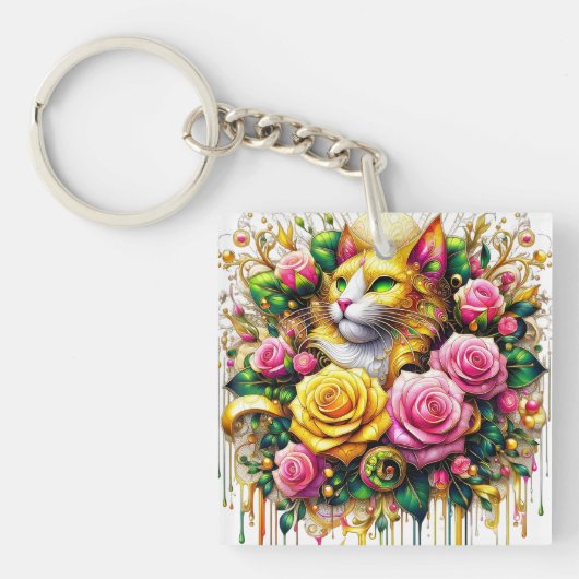 Feline temidden van een levendige bloemenbloei sleutelhanger (Voorkant)