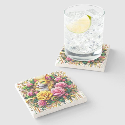 Feline temidden van een levendige bloemenbloei stenen onderzetter (Zijkant)
