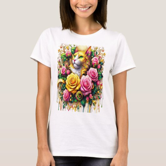 Feline temidden van een levendige bloemenbloei t-shirt (Voorkant)