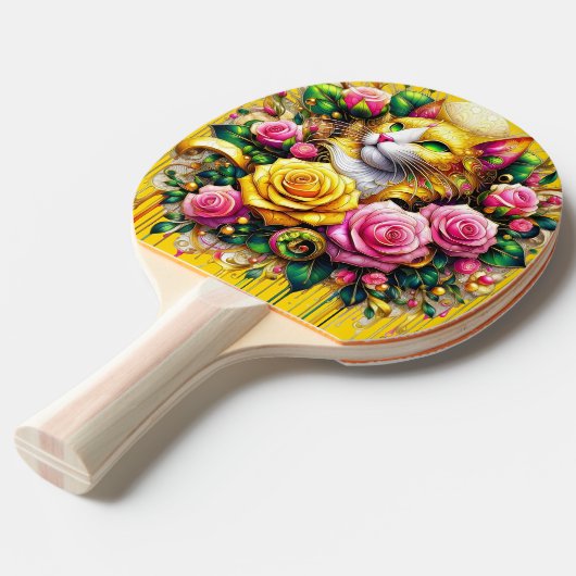 Feline temidden van een levendige bloemenbloei tafeltennisbatje (Voorkant Gekanteld)
