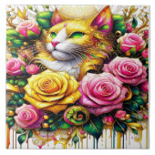 Feline temidden van een levendige bloemenbloei tegeltje (Voorkant)
