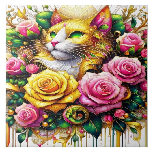 Feline temidden van een levendige bloemenbloei tegeltje (Voorkant)