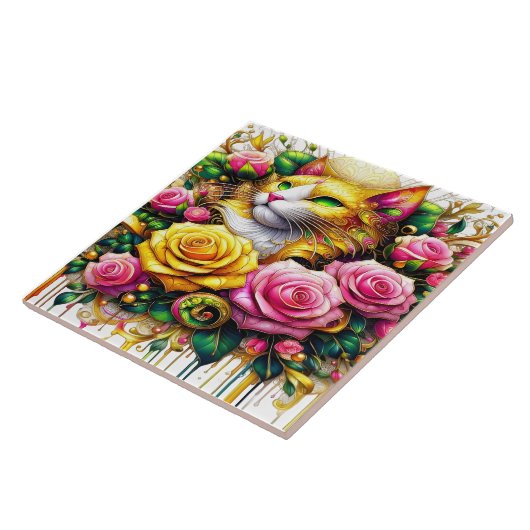 Feline temidden van een levendige bloemenbloei tegeltje (Zijkant)