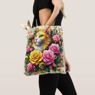 Feline temidden van een levendige bloemenbloei tote bag