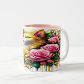 Feline temidden van een levendige bloemenbloei tweekleurige koffiemok (Voorkant rechts)