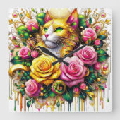 Feline temidden van een levendige bloemenbloei vierkante klok (Voorkant)
