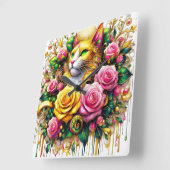 Feline temidden van een levendige bloemenbloei vierkante klok (Hoek)