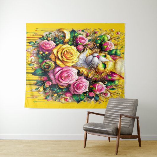 Feline temidden van een levendige bloemenbloei wandkleed (In Situ (horizontaal))