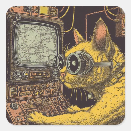 Feline Toekomst: Cyberpunk Kat Fantasie Vierkante Sticker (Voorkant)
