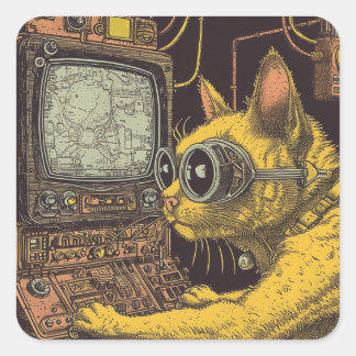 Feline Toekomst: Cyberpunk Kat Fantasie Vierkante Sticker