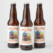 Feline Witchy Funny Spooky Halloween Cat Kitten Bier Etiket (Flessen)