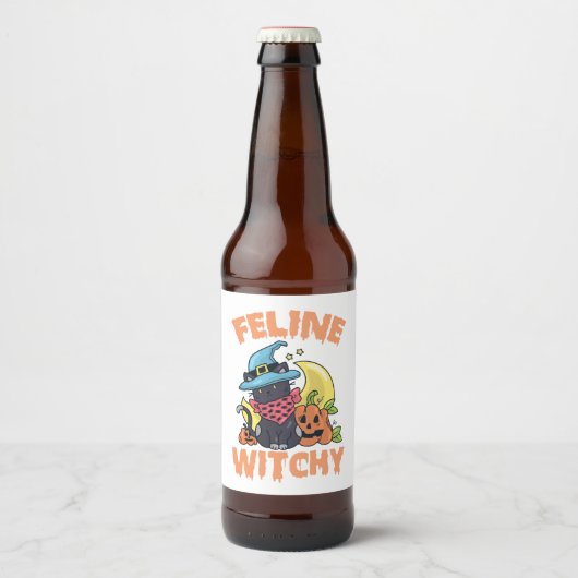 Feline Witchy Funny Spooky Halloween Cat Kitten Bier Etiket (Voorkant)