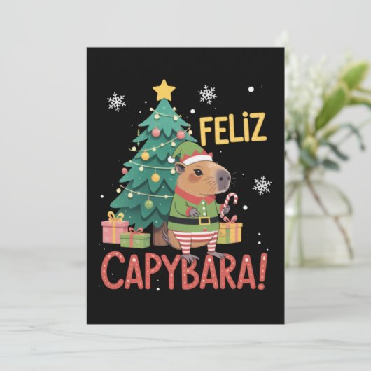 Feliz Capybara Elf Xmas Christmas Tree  Kaart (Staand voorkant)