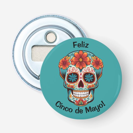 Feliz Cinco de Mayo. suikerschedel Button Flesopener (Voorkant)