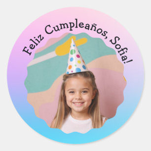 Feliz Cumpleaños Con Foto Colorido Personalizado Ronde Sticker