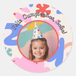 Feliz Cumpleaños Con Foto Colorido Personalizado Ronde Sticker