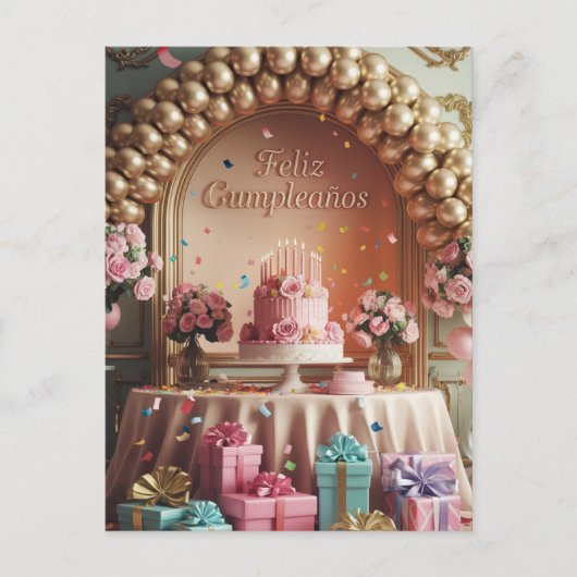 “Feliz Cumpleaños” Elegant Pink & Gold Birthday Briefkaart (Voorkant)