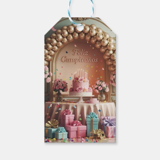 “Feliz Cumpleaños” Elegant Pink & Gold Birthday  Cadeaulabel (Voorkant)