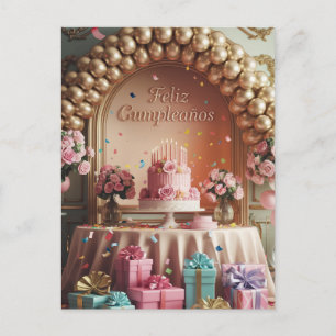 “Feliz Cumpleaños” Elegante Roze & Gouden Verjaard Briefkaart