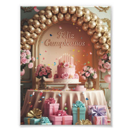 “Feliz Cumpleaños” Elegante Roze & Gouden Verjaard Foto Afdruk