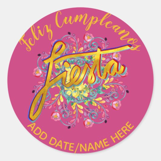 Feliz Cumpleanos FIESTA Folk Flowers gepersonalise Ronde Sticker (Voorkant)