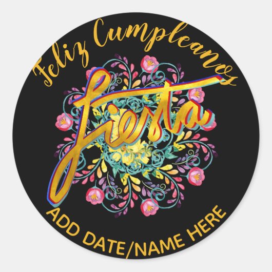 Feliz Cumpleanos FIESTA Folk Flowers gepersonalise Ronde Sticker (Voorkant)