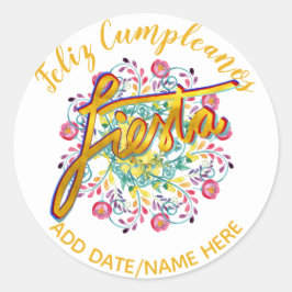 Feliz Cumpleanos FIESTA Folk Flowers gepersonalise Ronde Sticker