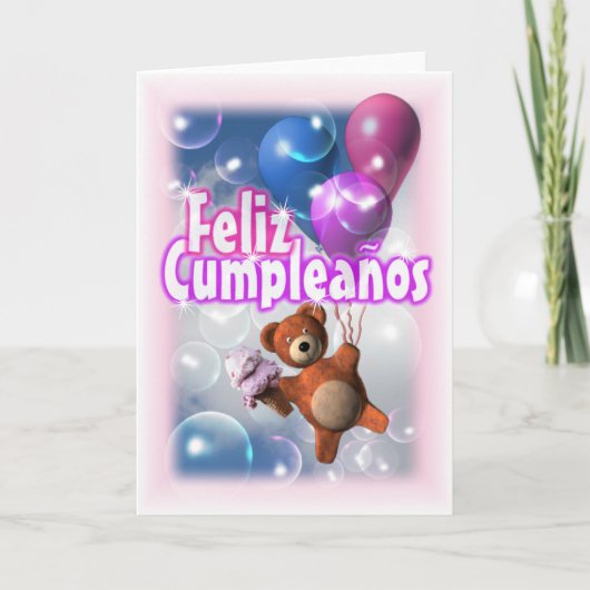 Feliz Cumpleanos Happy Birthday Teddy Bear Balloon Kaart (Voorkant)
