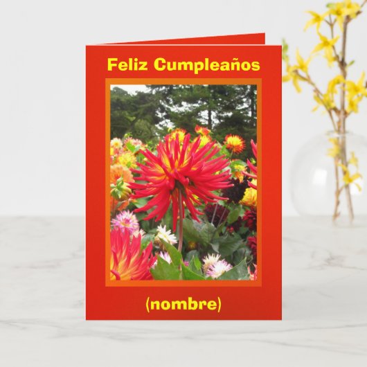 Feliz Cumpleaños - Las Dalias Rojas y Amarillas Kaart (Gele Bloem)