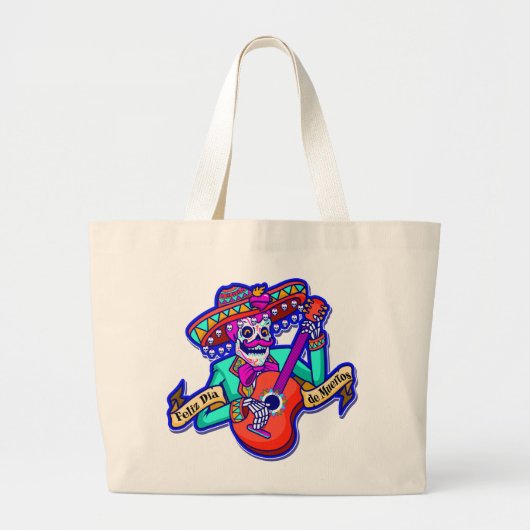 Feliz Dia De Muertos met Skeleton-gitaar Grote Tote Bag (Voorkant)