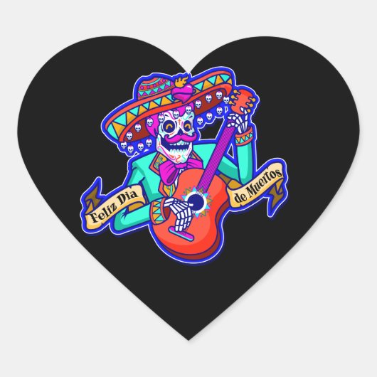 Feliz Dia De Muertos met Skeleton-gitaar Hart Sticker (Voorkant)