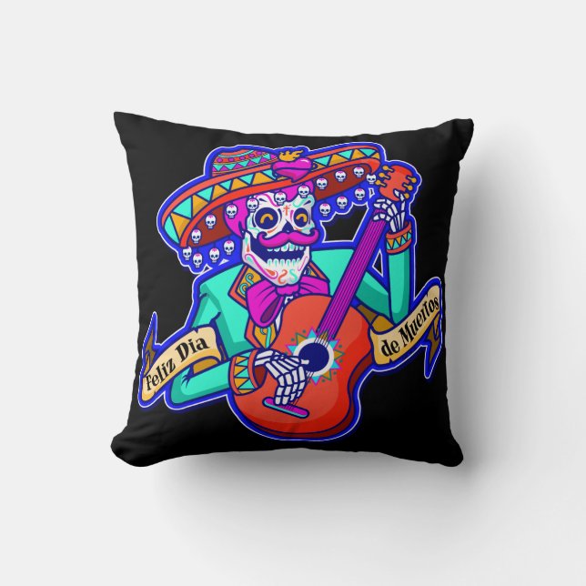 Feliz Dia De Muertos met Skeleton-gitaar Kussen (Voorkant)