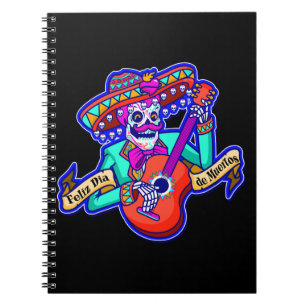 Feliz Dia De Muertos met Skeleton-gitaar Notitieboek