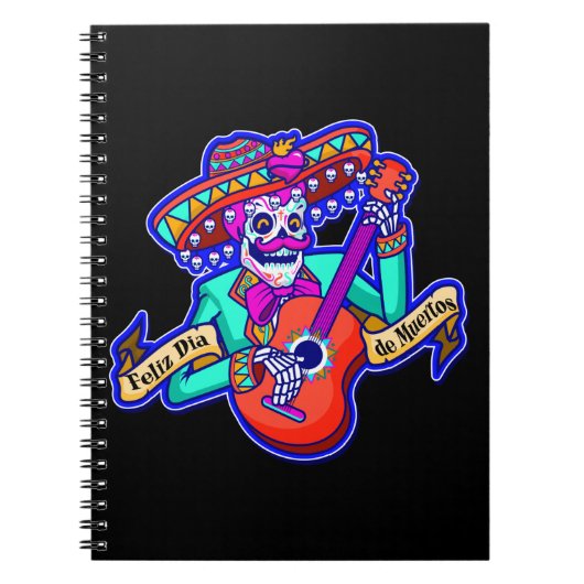 Feliz Dia De Muertos met Skeleton-gitaar Notitieboek (Voorkant)