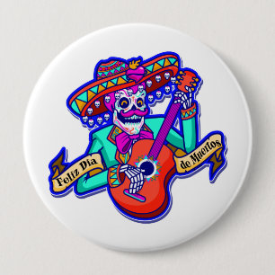 Feliz Dia De Muertos met Skeleton-gitaar Ronde Button 4,0 Cm