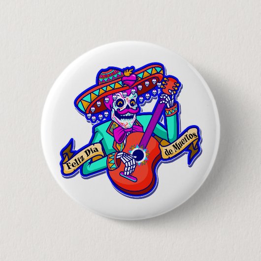 Feliz Dia De Muertos met Skeleton-gitaar Ronde Button 5,7 Cm (Voorkant)