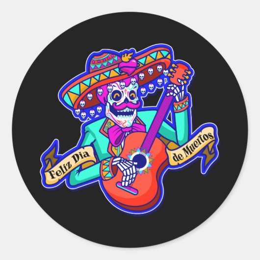 Feliz Dia De Muertos met Skeleton-gitaar Ronde Sticker (Voorkant)