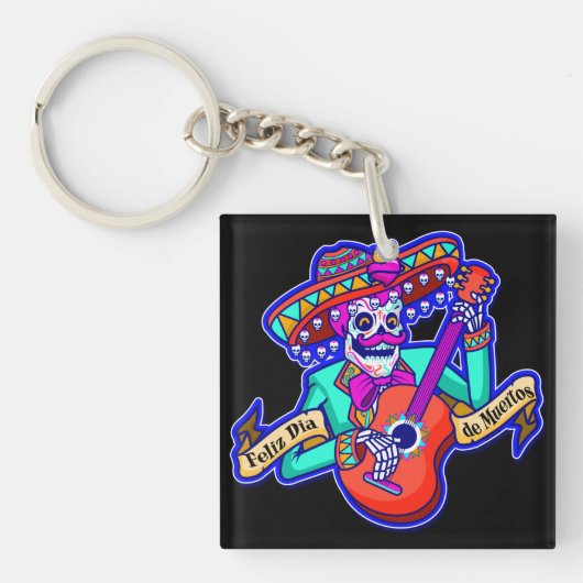 Feliz Dia De Muertos met Skeleton-gitaar Sleutelhanger (Voorkant)