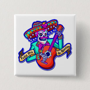 Feliz Dia De Muertos met Skeleton-gitaar Vierkante Button 5,1 Cm