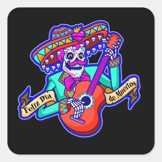 Feliz Dia De Muertos met Skeleton-gitaar Vierkante Sticker (Voorkant)