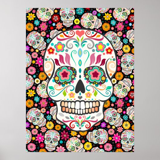 Feliz Muertos - Festive Sugar Skulls on Black Poster (Voorkant)