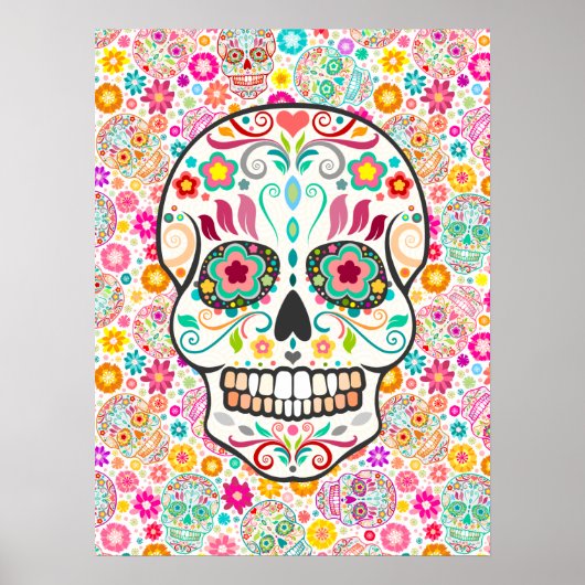 Feliz Muertos - Festive Sugar Skulls on White Poster (Voorkant)