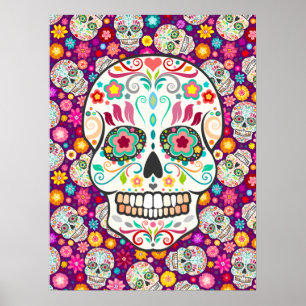 Feliz Muertos - Festive Sugar Skulls op Paars Poster