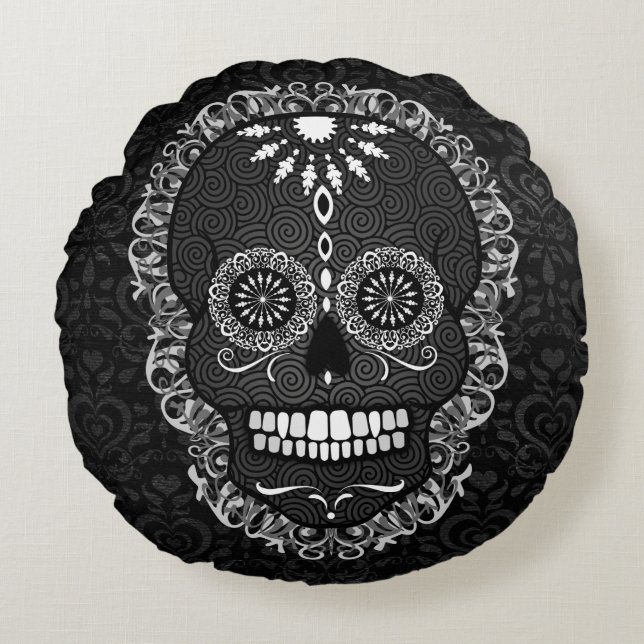 Feliz Muertos - Festive Sugar Skulls Round Pillow Rond Kussen (Voorkant)