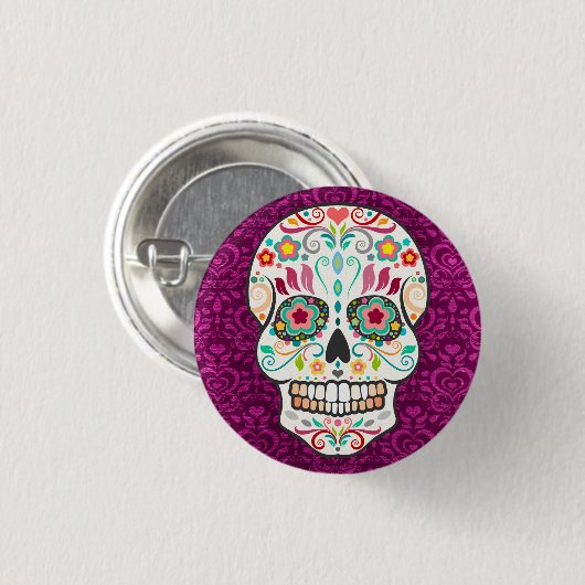 Feliz Muertos - Happy Sugar Skull Button Pin (Voorkant /achterkant)