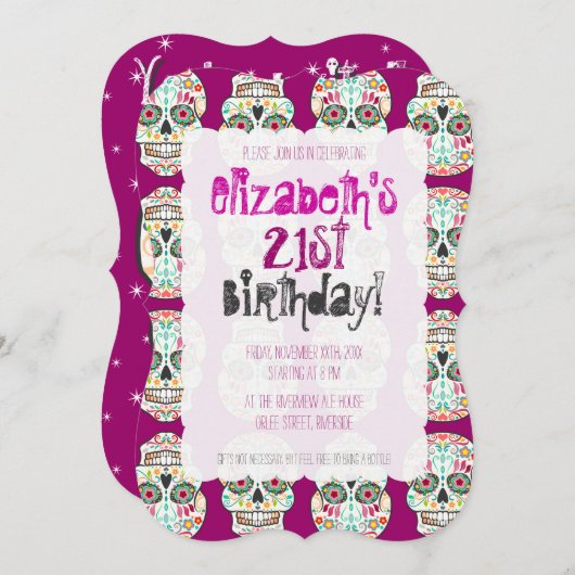 Feliz Muertos Skulls op Paarse aangepaste uitnodig Kaart (Voorkant / Achterkant)